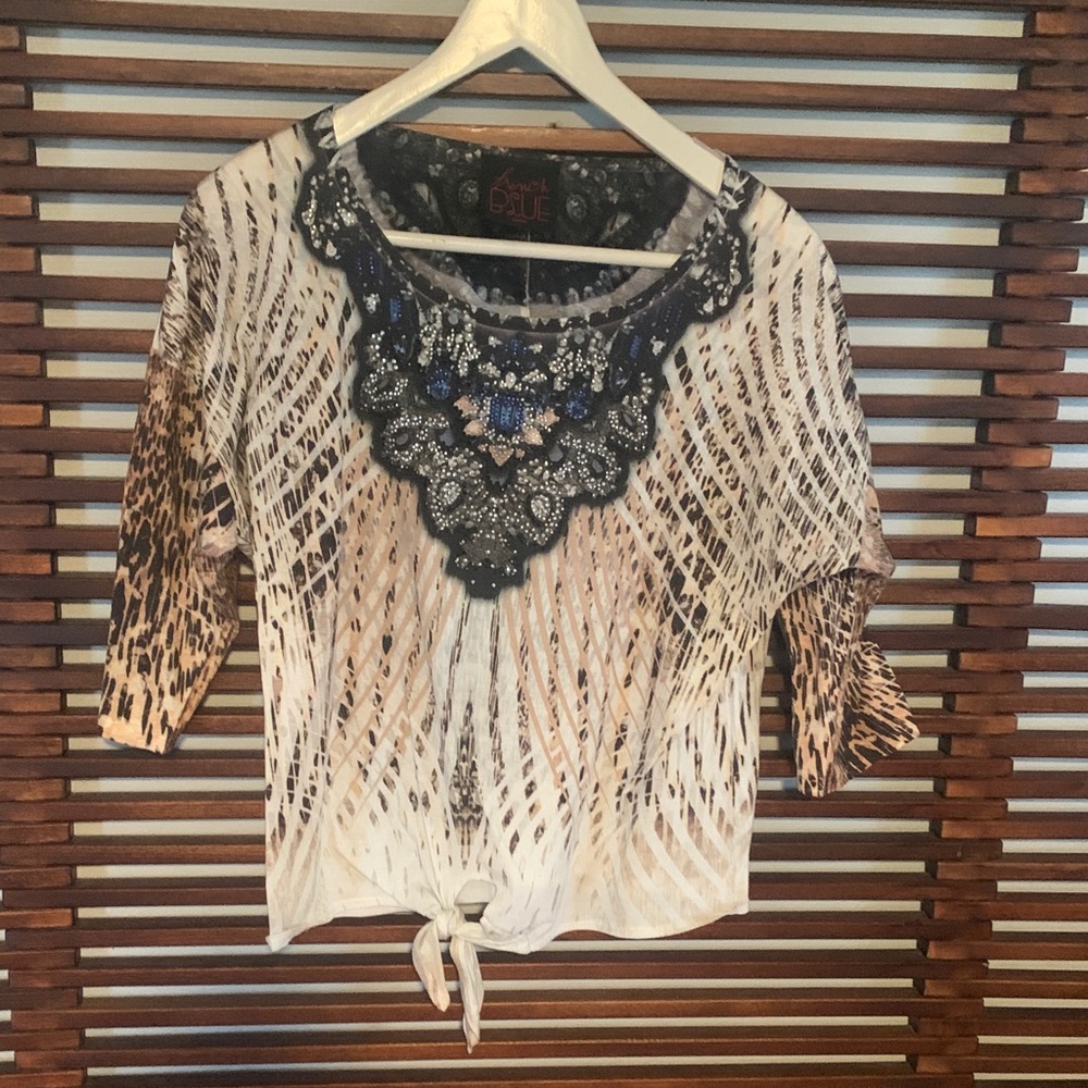 French Blue top with Embellished Neckline